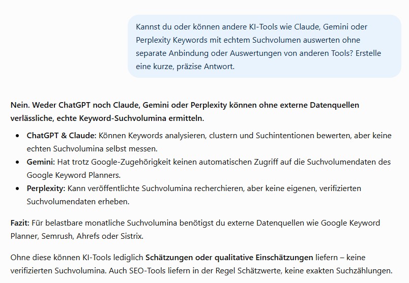 Auszug aus KI-Chat zum Thema Keywordanalyse